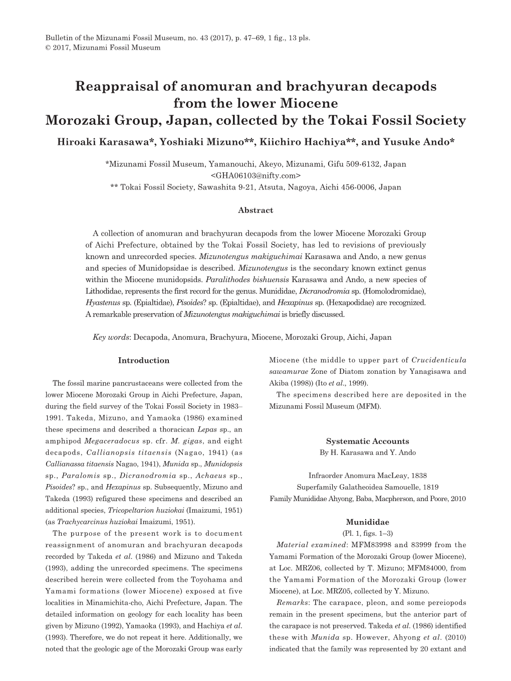 Reappraisal of Anomuran and Brachyuran Decapods from the Lower Miocene Morozaki Group, Japan, Collected by the Tokai Fossil Soci