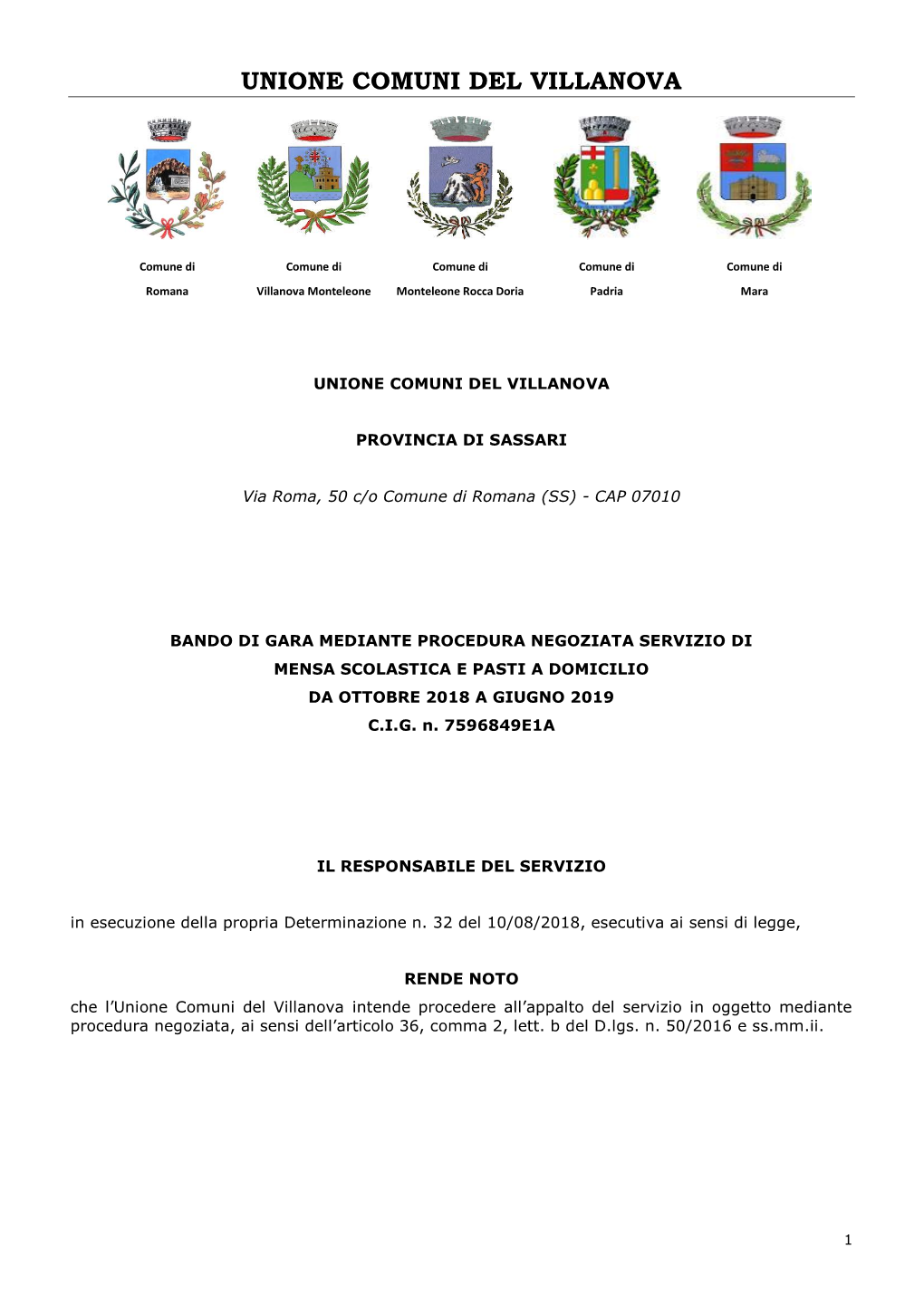 Bando Di Gara Procedura Aperta Per L'affidamento