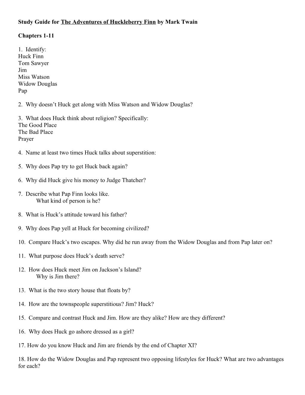 Study Guide for the Study of the Adventures of Huckleberry Finn by Mark Twain