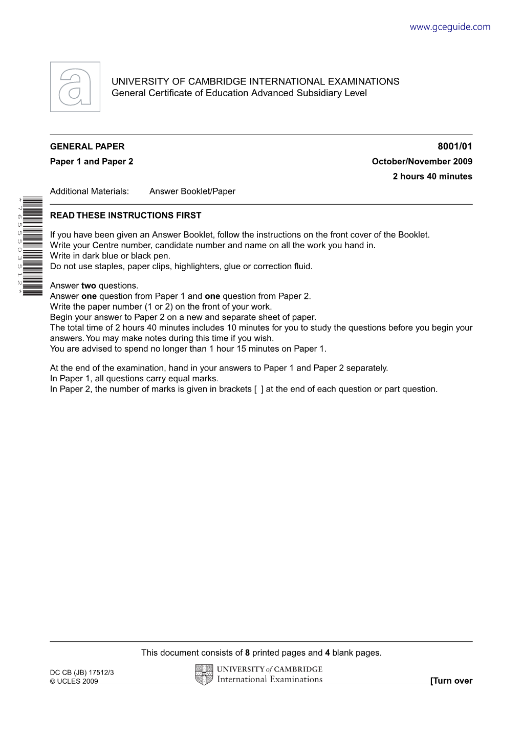 UNIVERSITY of CAMBRIDGE INTERNATIONAL EXAMINATIONS General Certificate of Education Advanced Subsidiary Level