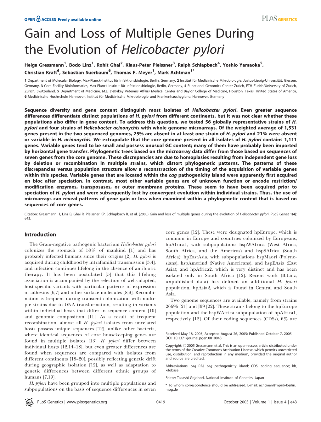 Gain and Loss of Multiple Genes During the Evolution of Helicobacter Pylori