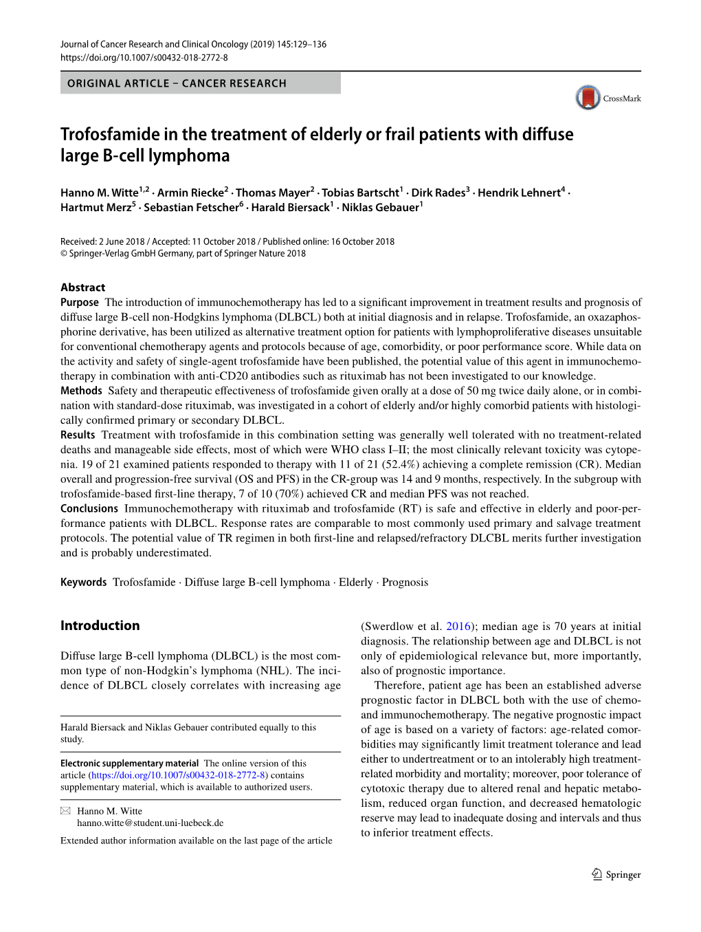 Trofosfamide in the Treatment of Elderly Or Frail Patients with Diffuse Large B-Cell Lymphoma