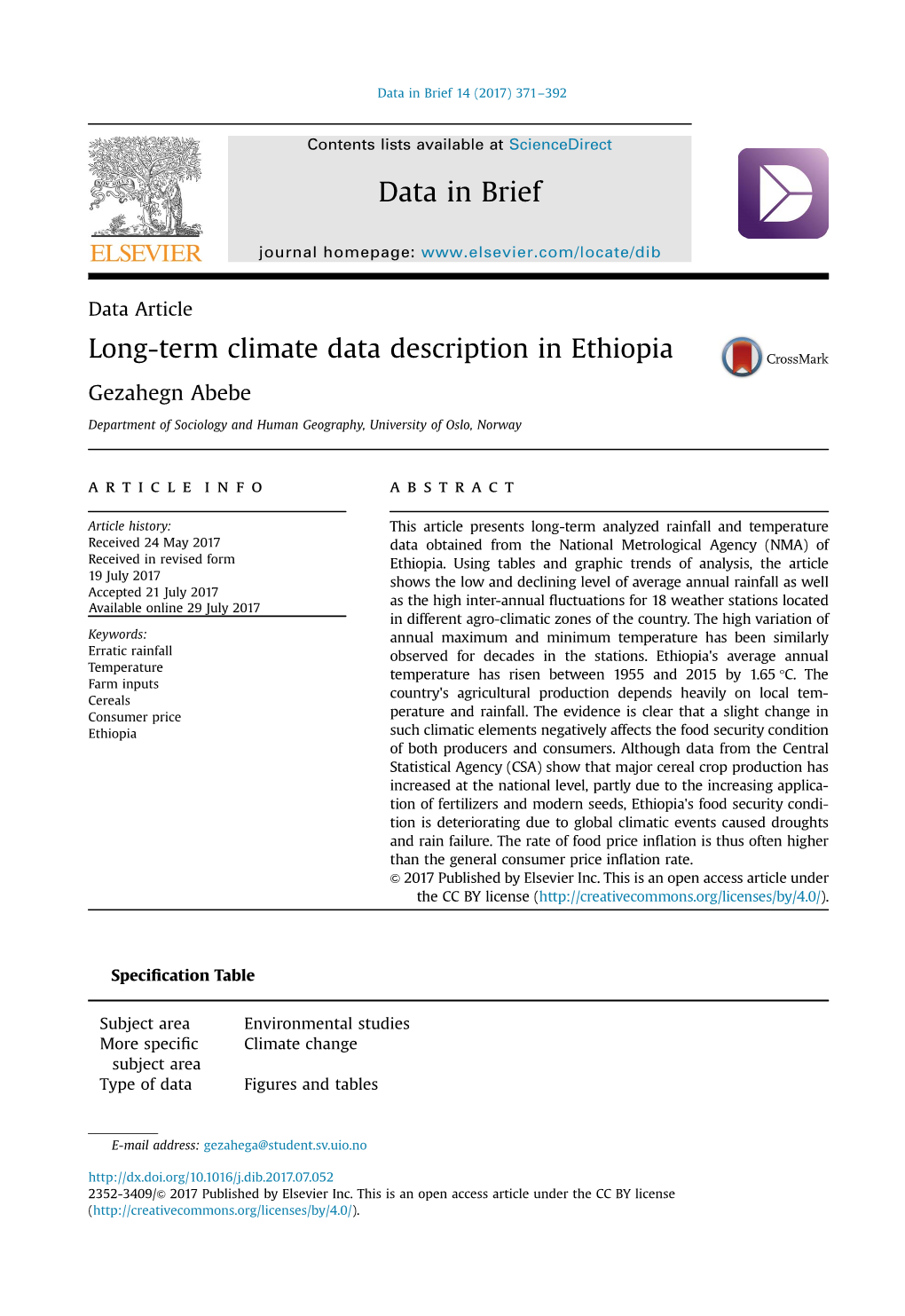 Long-Term Climate Data Description in Ethiopia