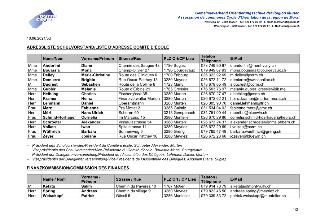 Adressliste Schulvorstand 2021