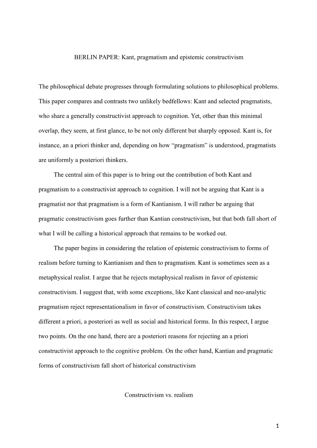 BERLIN PAPER: Kant, Pragmatism and Epistemic Constructivism The