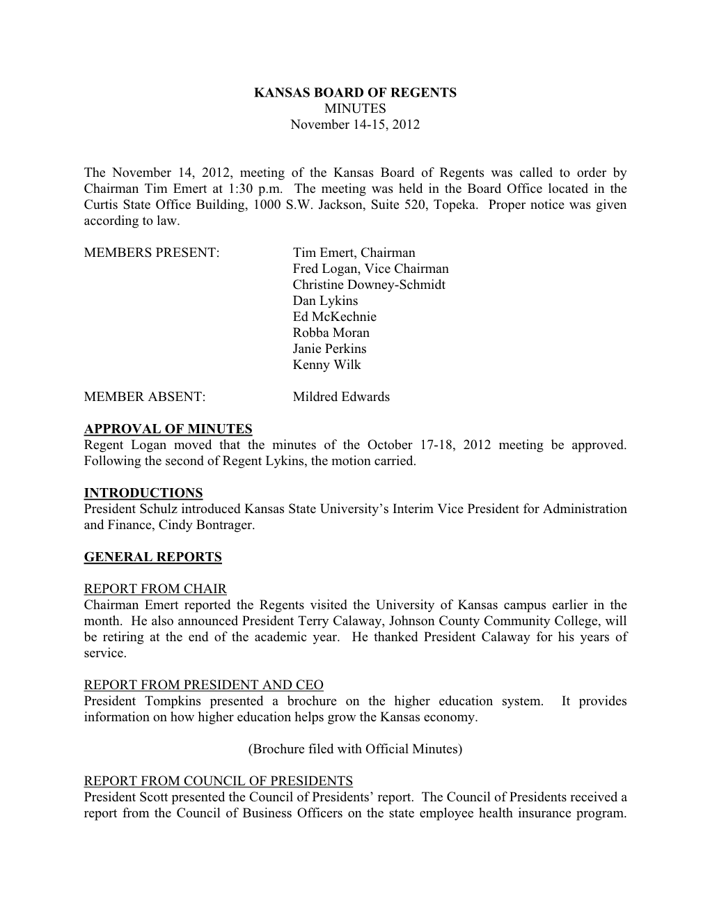 KANSAS BOARD of REGENTS MINUTES November 14-15, 2012