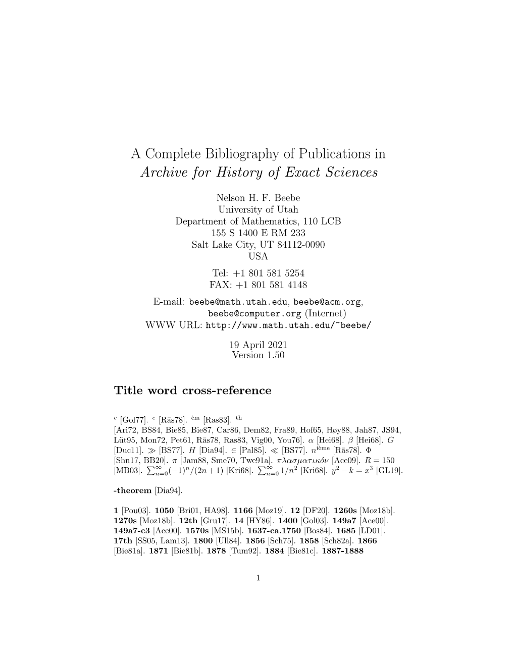 A Complete Bibliography of Publications in Archive for History of Exact Sciences