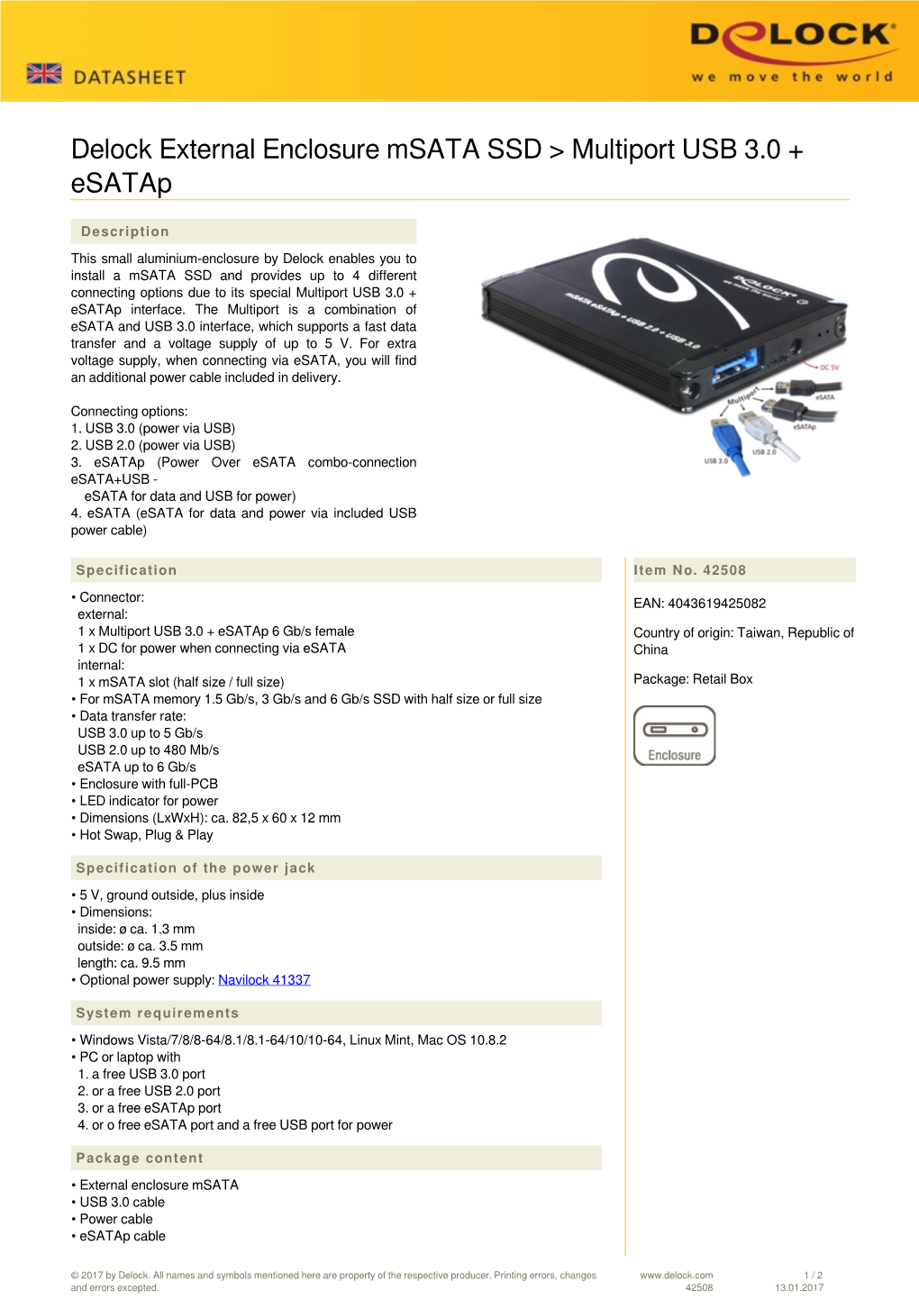Delock External Enclosure Msata SSD &gt; Multiport USB 3.0 + Esatap