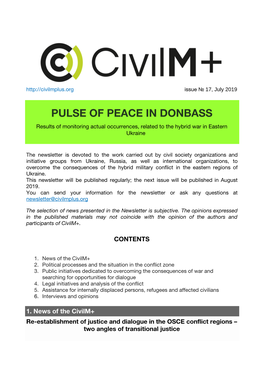 PULSE of PEACE in DONBASS Results of Monitoring Actual Occurrences, Related to the Hybrid War in Eastern Ukraine