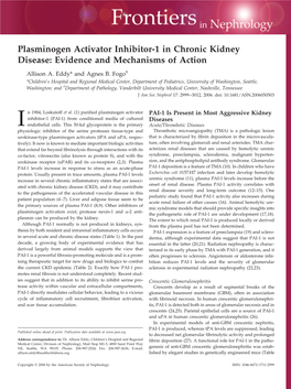 Plasminogen Activator Inhibitor-1 in Chronic Kidney Disease: Evidence and Mechanisms of Action