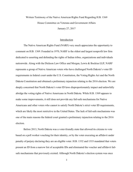 1 Written Testimony of the Native American Rights Fund Regarding H.B. 1369 House Committee on Veterans and Government Affairs Ja