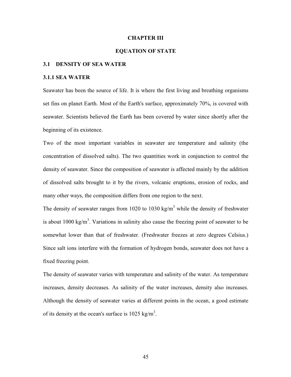 45 Chapter Iii Equation of State 3.1 Density of Sea