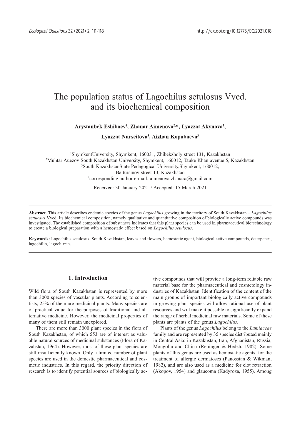 The Population Status of Lagochilus Setulosus Vved. and Its Biochemical Composition