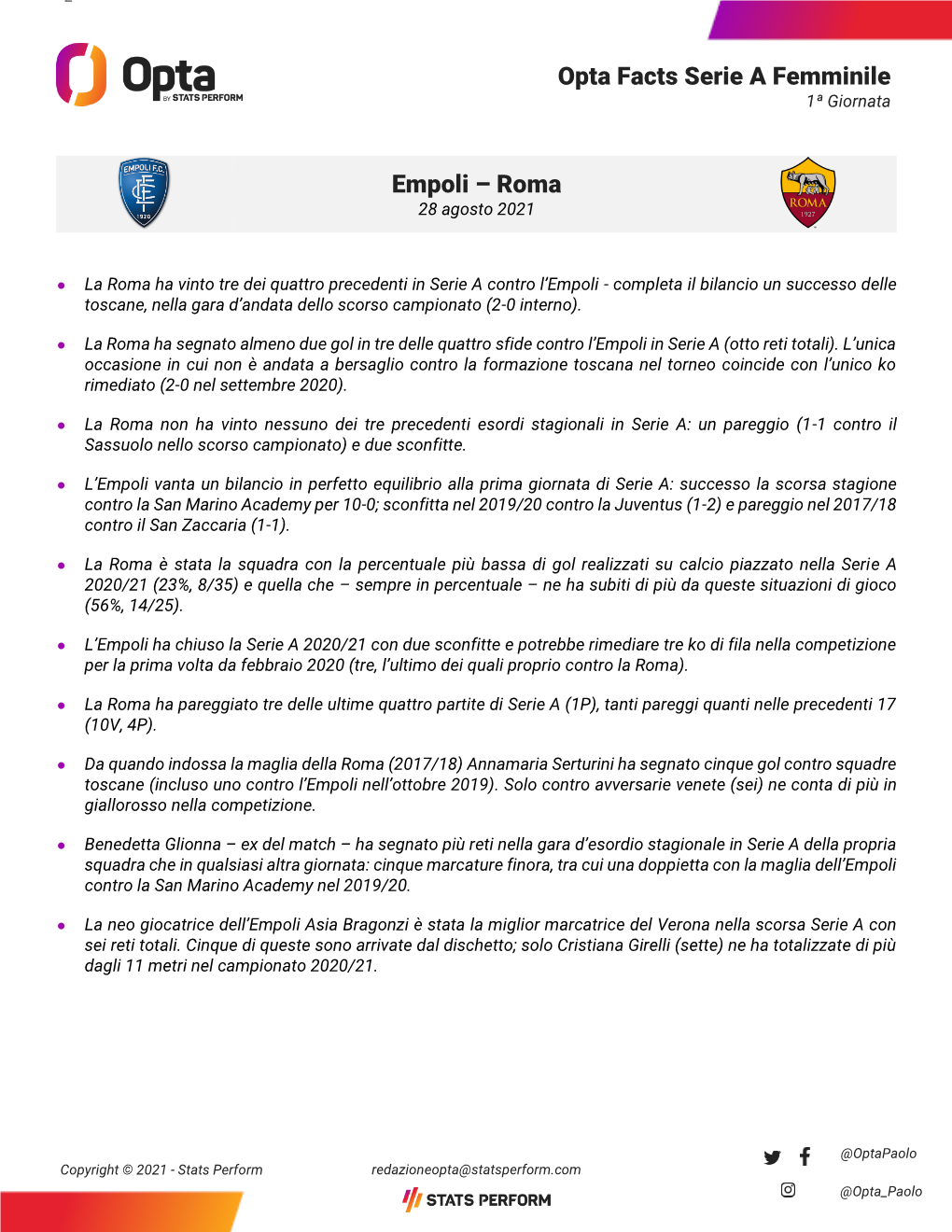 Opta Facts Serie a Femminile Empoli