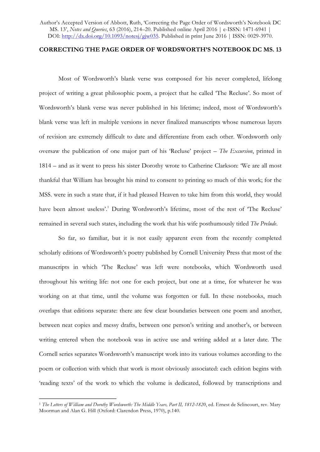 CORRECTING the PAGE ORDER of WORDSWORTH's NOTEBOOK DC MS. 13 Most of Wordsworth's Blank Verse Was Composed for His Never