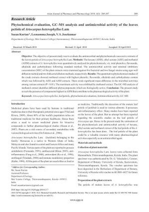 Phytochemical Evaluation, GC-MS Analysis and Antimicrobial Activity of the Leaves Petiole of Artocarpus Heterophyllus Lam Susan Kurian*, Leenamma Joseph, V