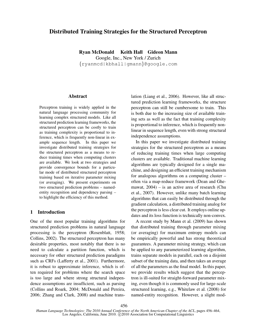 Distributed Training Strategies for the Structured Perceptron