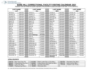 Bare Hill Correctional Facility Visiting Calendar 2021