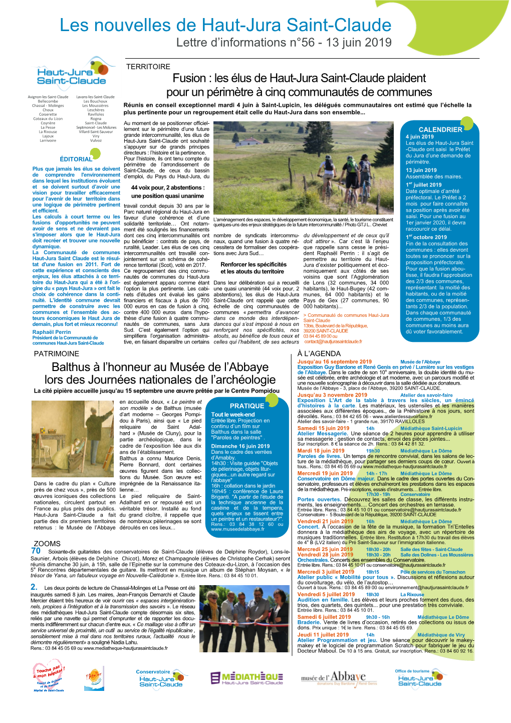 Les Nouvelles De Haut-Jura Saint-Claude Lettre D’Informations N°56 - 13 Juin 2019