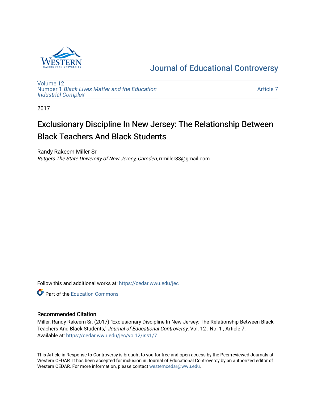 Exclusionary Discipline in New Jersey: the Relationship Between Black Teachers and Black Students