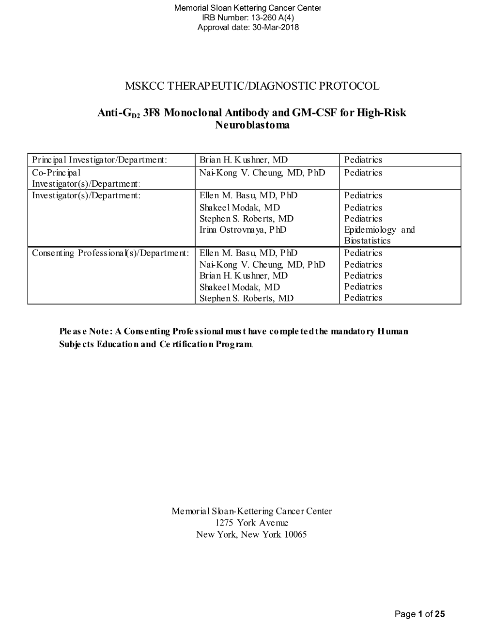 Mskcc Therapeutic/Diagnostic Protocol