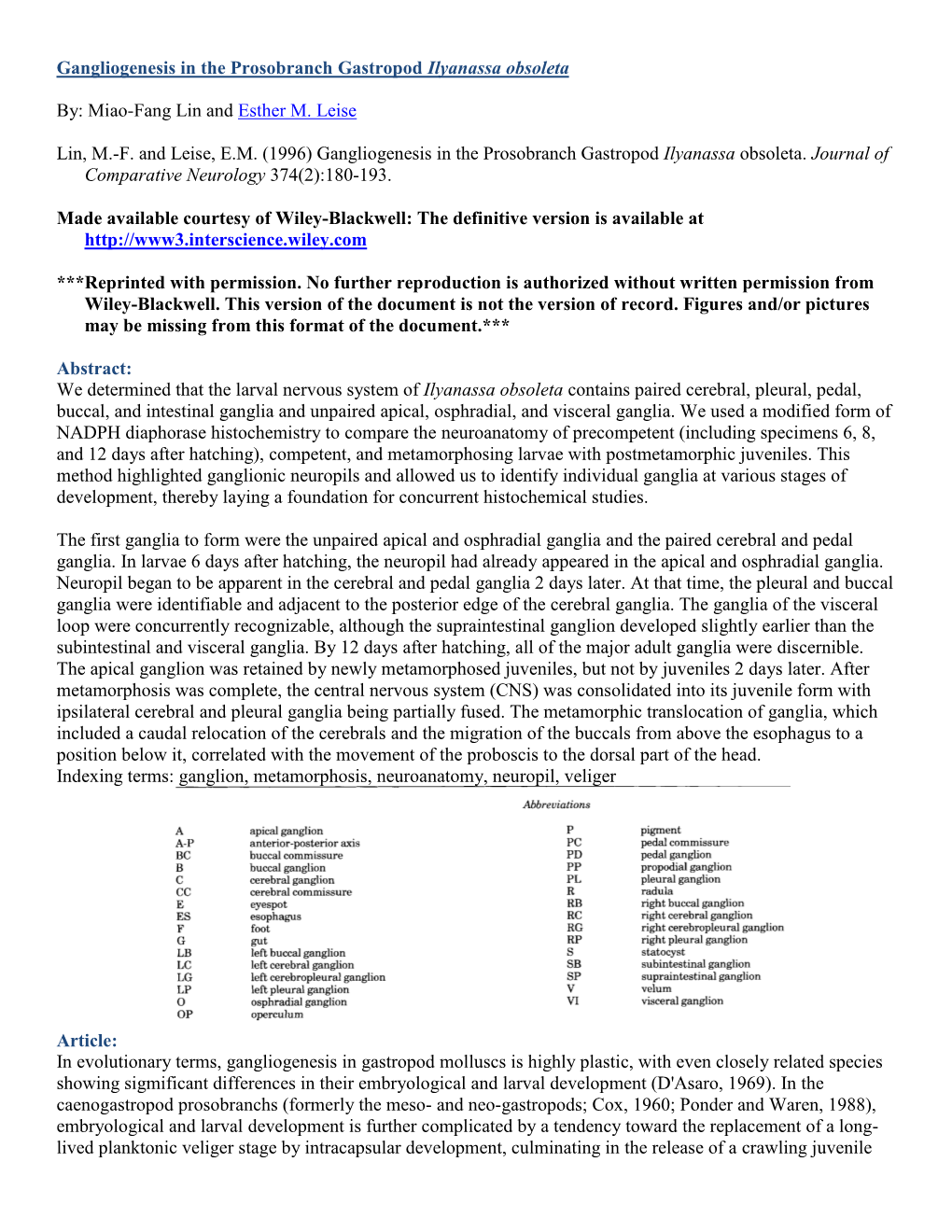 Gangliogenesis in the Prosobranch Gastropod Ilyanassa Obsoleta By