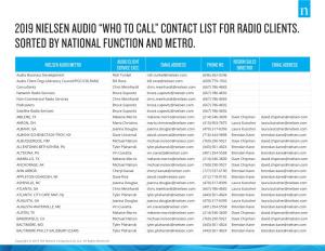 2019 Nielsen Audio “Who to Call” Contact List for Radio Clients