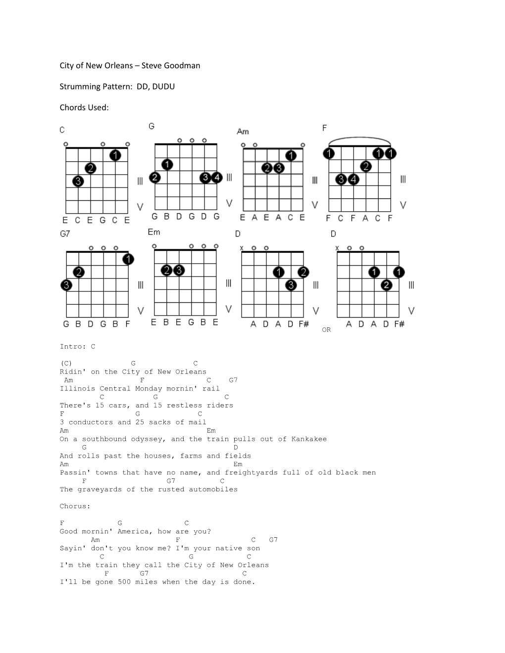 City of New Orleans – Steve Goodman Strumming Pattern