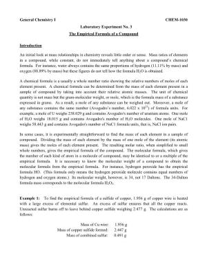 General Chemistry I CHEM-1030 Laboratory Experiment No. 3 the Empirical Formula of a Compound