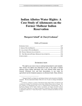 Indian Allottee Water Rights: a Case Study of Allotments on the Former Malheur Indian Reservation