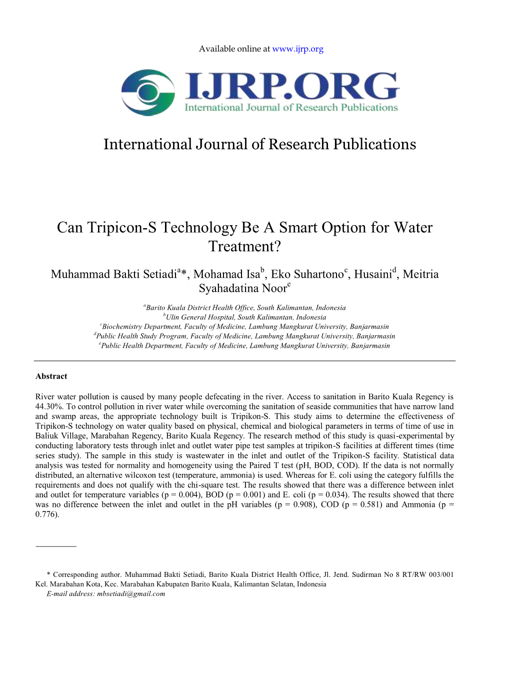 Can Tripicon-S Technology Be a Smart Option for Water Treatment?