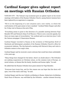Cardinal Kasper Gives Upbeat Report on Meetings with Russian Orthodox