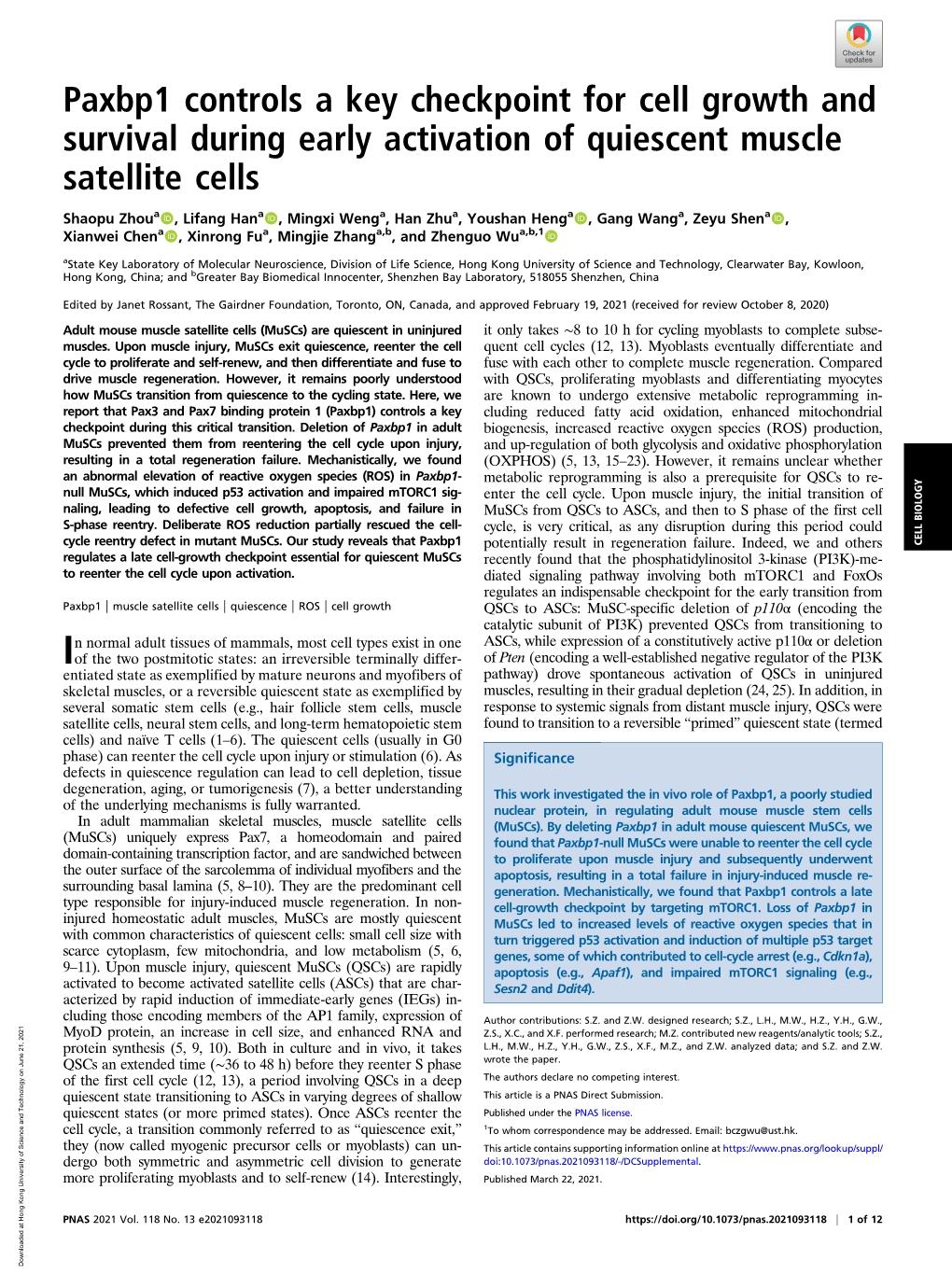 Paxbp1 Controls a Key Checkpoint for Cell Growth and Survival During Early Activation of Quiescent Muscle Satellite Cells