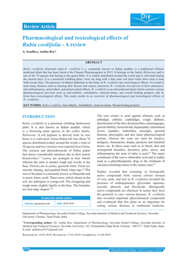 Pharmacological and Toxicological Effects of Rubia Cordifolia - a Review A