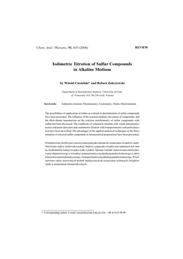 Iodimetric Titration of Sulfur Compounds in Alkaline Medium