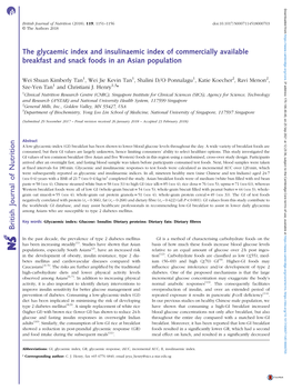 The Glycaemic Index and Insulinaemic Index of Commercially Available Breakfast and Snack Foods in an Asian Population