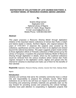 Digitization of Collections of Late Usuman Dan Fodio: a Gateway Model of Resource Sharing Among Libraries