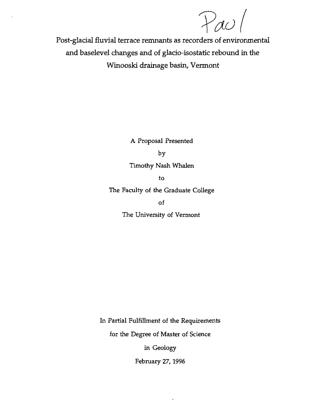 Post-Glacial Fluvial Terrace Remnants As Recorders of Environmental and Baselevel Changes and of Glacio-Isostatic Rebound in the Winooski Drainage Basin, Vermont