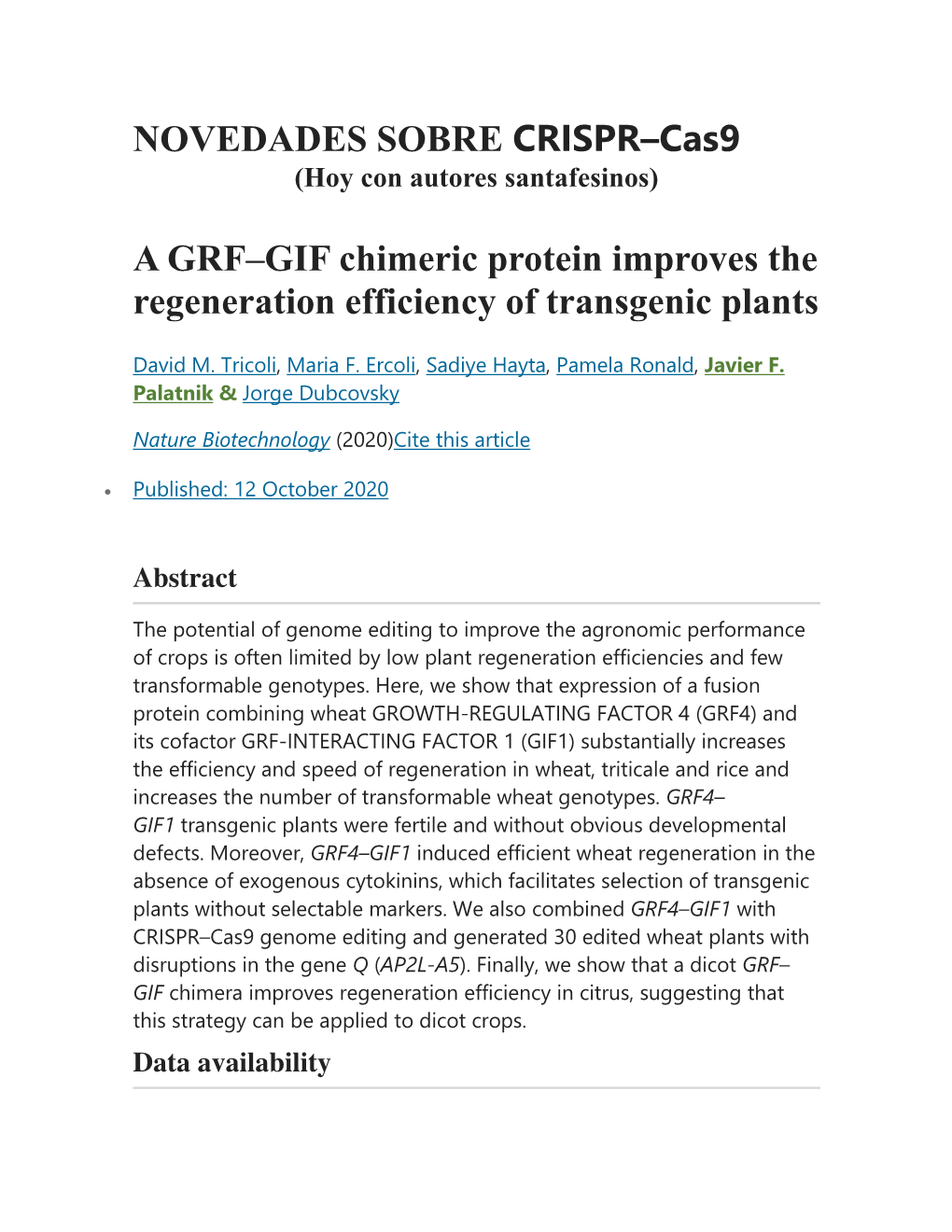 NOVEDADES SOBRE CRISPR–Cas9 a GRF–GIF Chimeric Protein