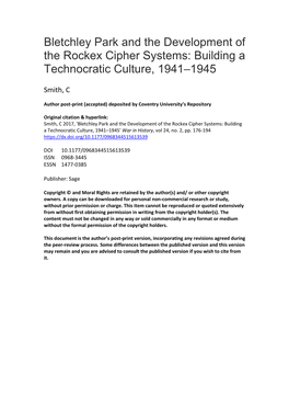 Bletchley Park and the Development of the Rockex Cipher Systems: Building a Technocratic Culture, 1941–1945