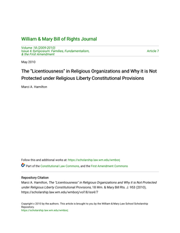 Licentiousness" in Religious Organizations and Why It Is Not Protected Under Religious Liberty Constitutional Provisions