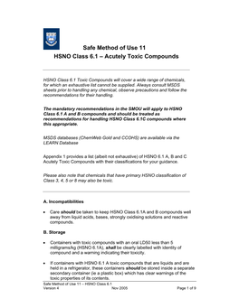 Safe Method of Use 11 HSNO Class 6.1 – Acutely Toxic Compounds