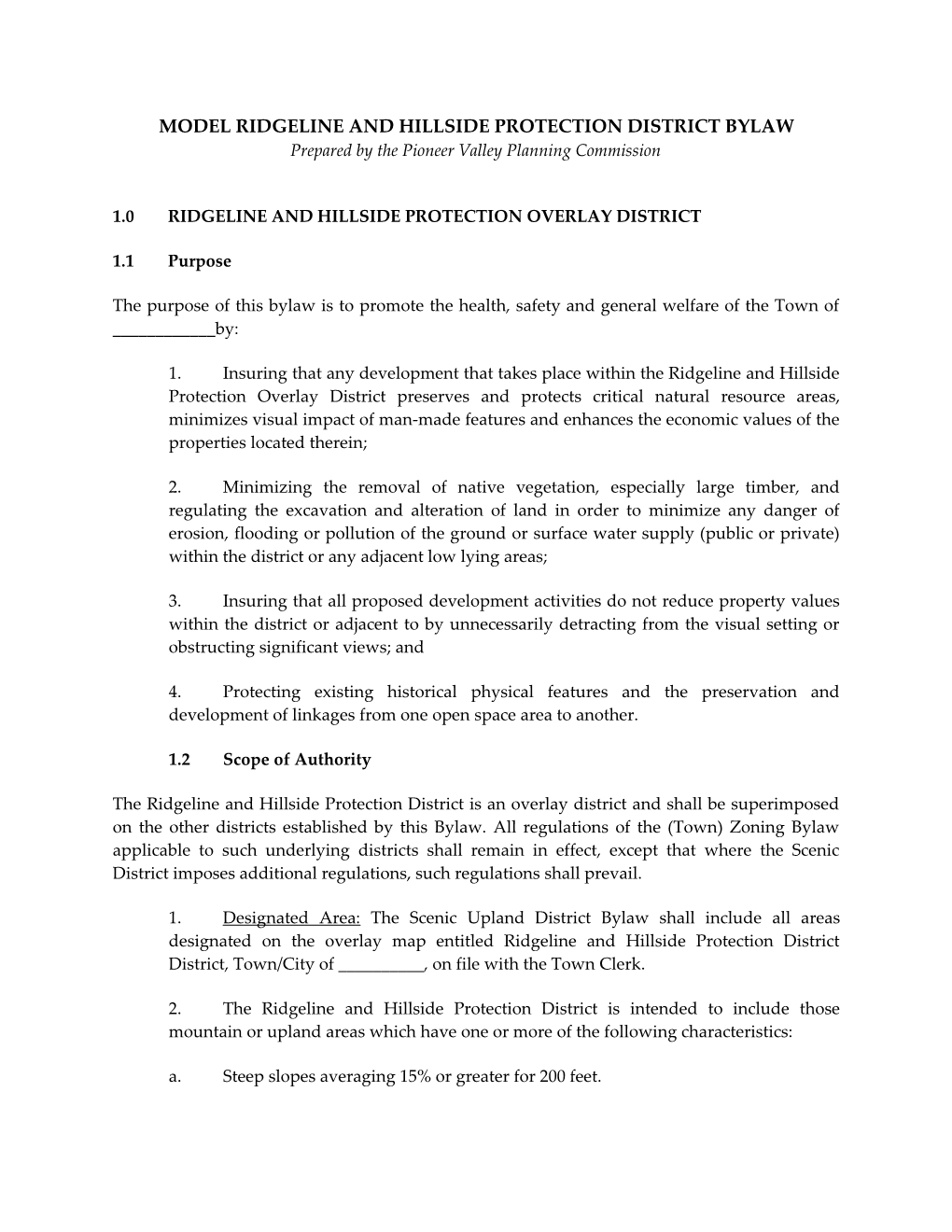 Model Ridgeline/Hillside Protection District Bylaw