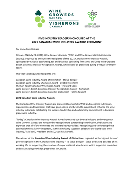 Five Industry Leaders Honoured at the 2021 Canadian Wine Industry Awards Ceremony