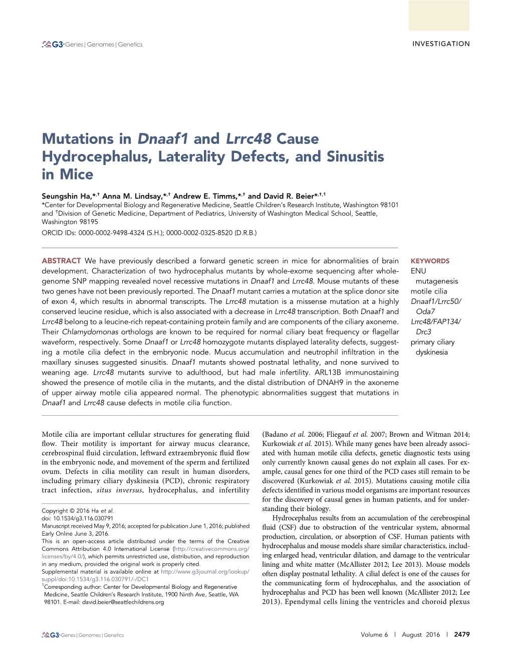 Mutations in Dnaaf1 and Lrrc48 Cause Hydrocephalus, Laterality Defects, and Sinusitis in Mice