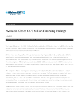 XM Radio Closes $475 Million Financing Package