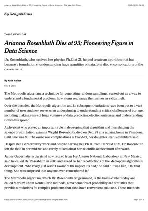 Arianna Rosenbluth Dies at 93; Pioneering Figure in Data Science - the New York Times 2021-02-10, 14:10