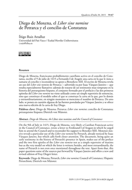 Diego De Moxena, El Liber Sine Nomine De Petrarca Y El Concilio De Constanza