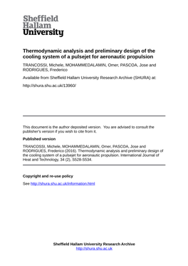 Thermodynamic Analysis and Preliminary Design of the Cooling