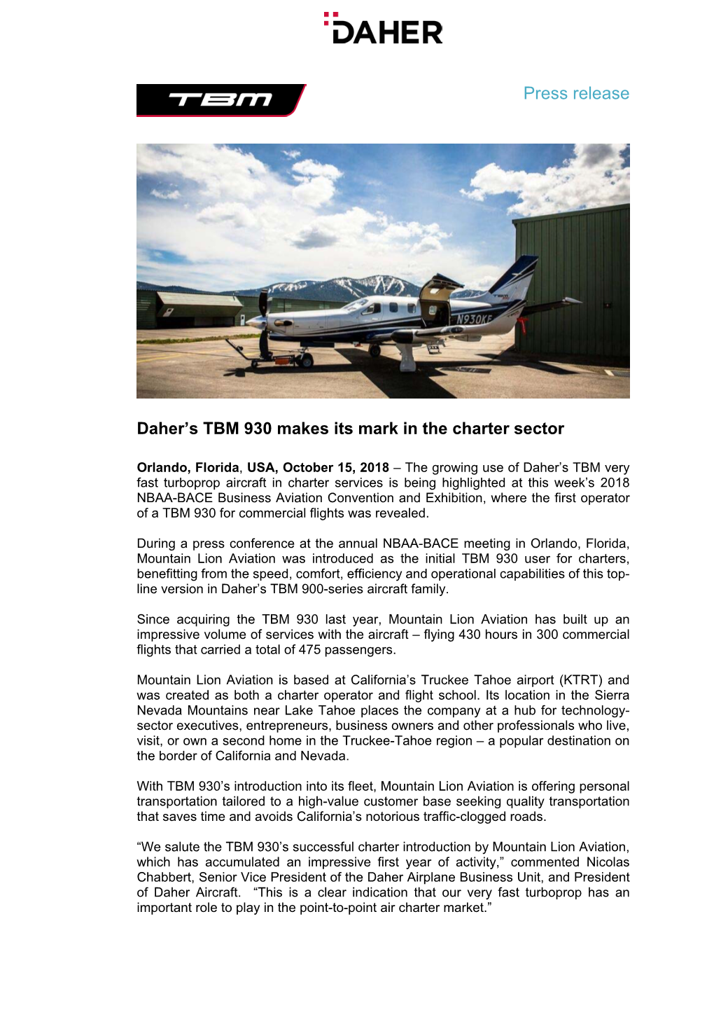 Daher's TBM 930 Makes Its Mark in the Charter Sector